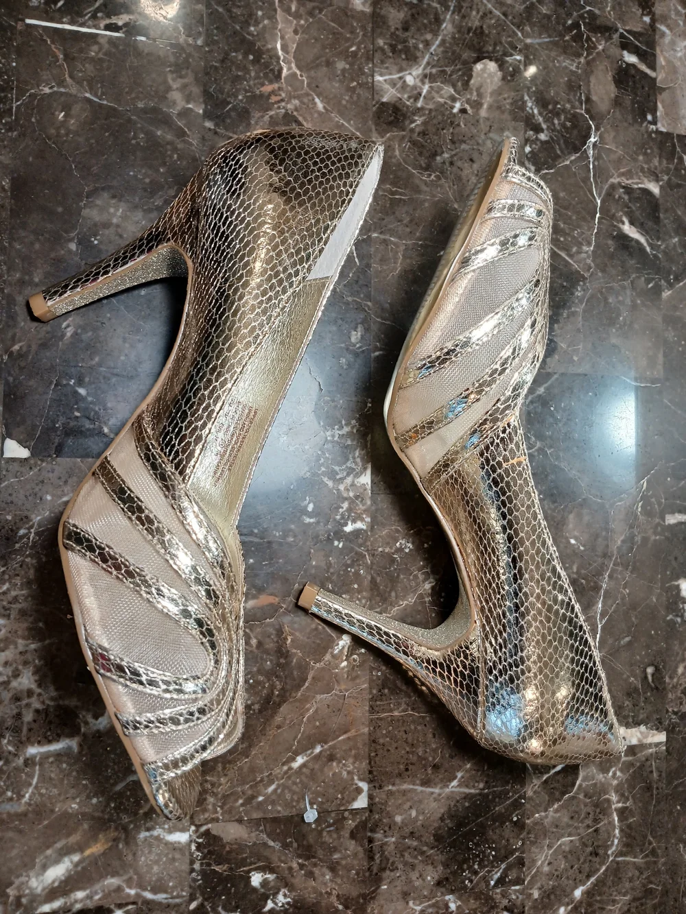 Adrianna Papell Gold Metallic Snake-Texture Peep-Toe Heels